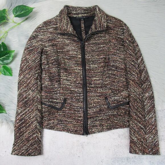 LAFAYETTE 148 NY Brown Tweed Zip Front Evening Jacket Faux Leather Trim Size 4 - Picture 5 of 12